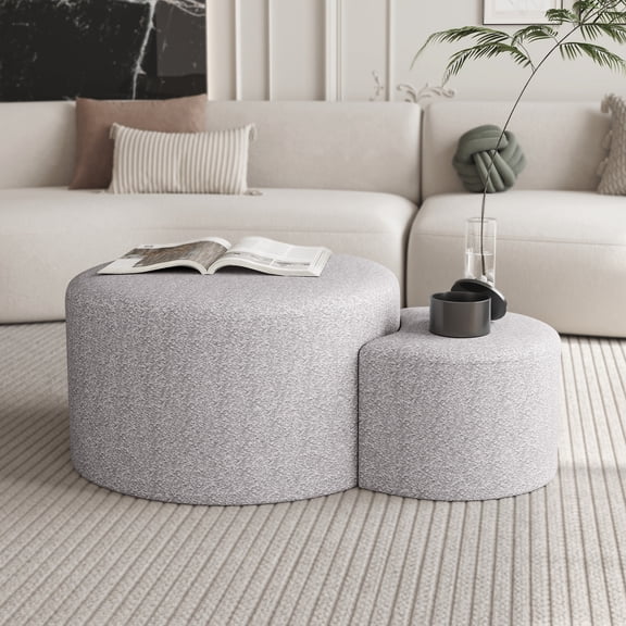 Round Upholstered Nesting Coffee Tables | Cozy Footrest and Coffee Table in Modern Living Area | Durable MDF Boards | Load Up to 260 lbs