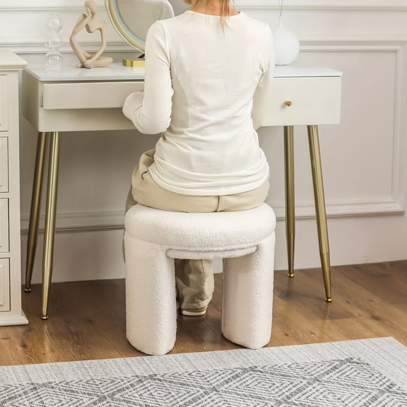 Round Upholstered Ottoman Stool with Soft Sherpa Fabric, Modern Cozy Footrest for Living Room, Bedroom, and Makeup Vanity, Decorative Small Chair