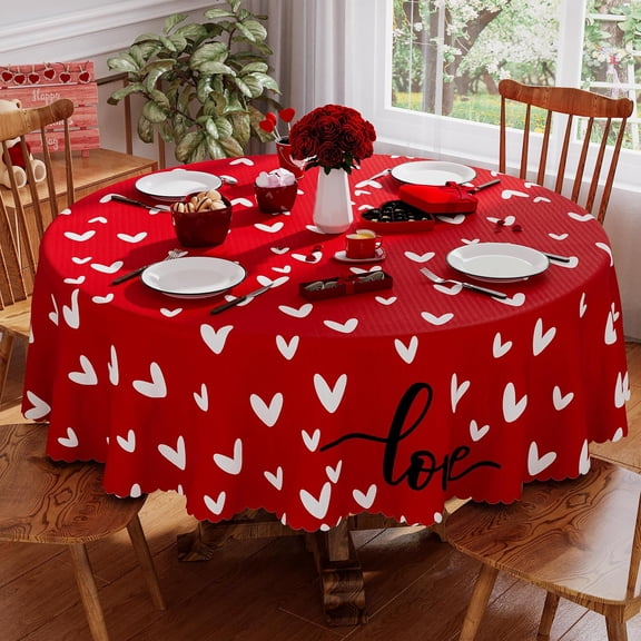 Round Valentines Tablecloth 70x70 Inch, Washable Red Love Hearts Valentines Day Tablecloth Waterproof Scalloped Edge Dining Table Cloth Sweet Home Party Decorations