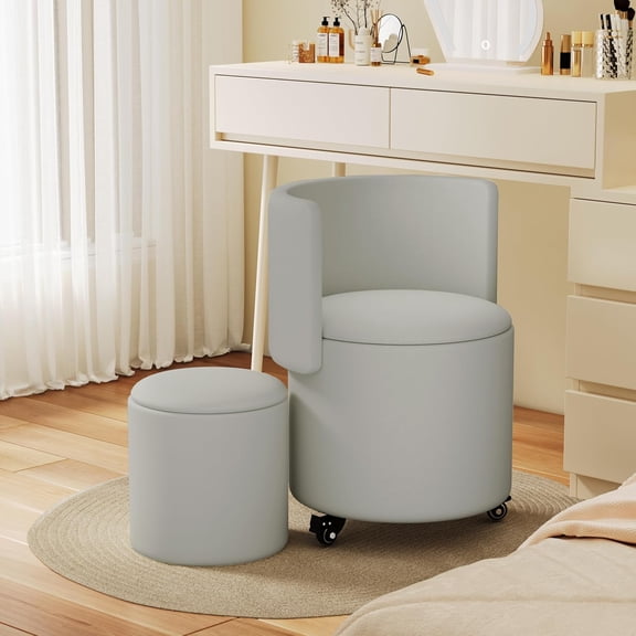 Round Vanity Chair with Storage, Rolling PU Leather Swivel Work Makeup Stool Chair with Folding Back, Upholstered Ottomans for Bedroom Living Room