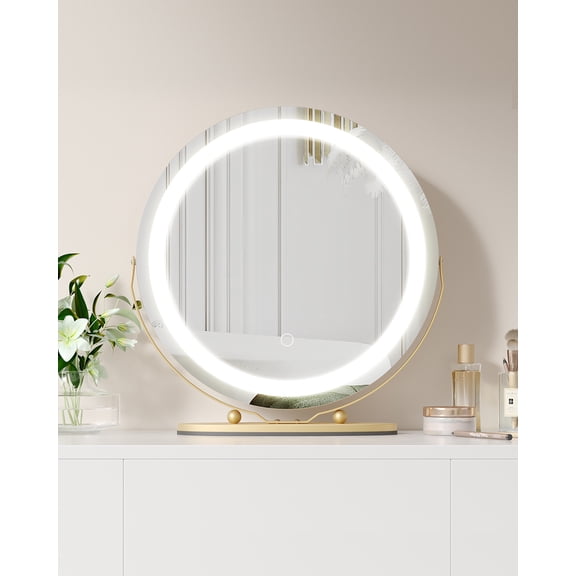 Round Vanity Mirror with LED Lights, 3-Color Dimmable Touch, 360° Rotation, Tabletop Makeup Mirror, Adjustable Brightness – Gold 19” with LED Light Strip, Round 19” LED light strip