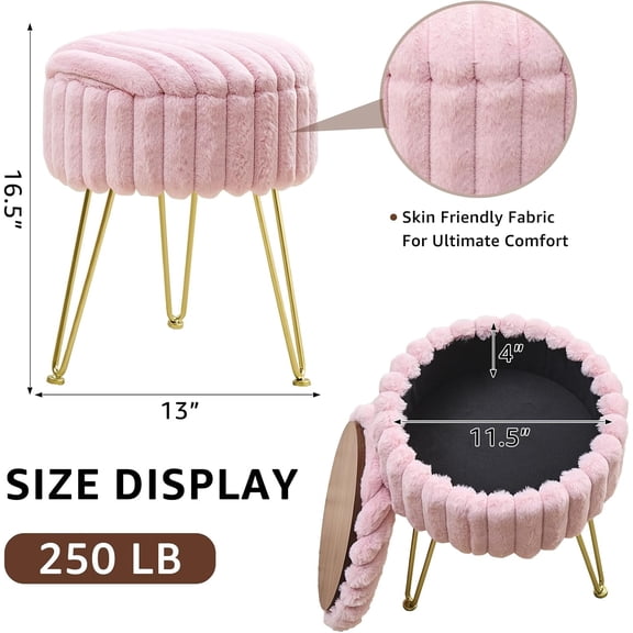 Vanity Stool with Storage, Round Faux Fur Ottoman Chair with Metal Legs, Small Modern Makeup Vanity Seat for Bedroom or Dressing Table, Pink