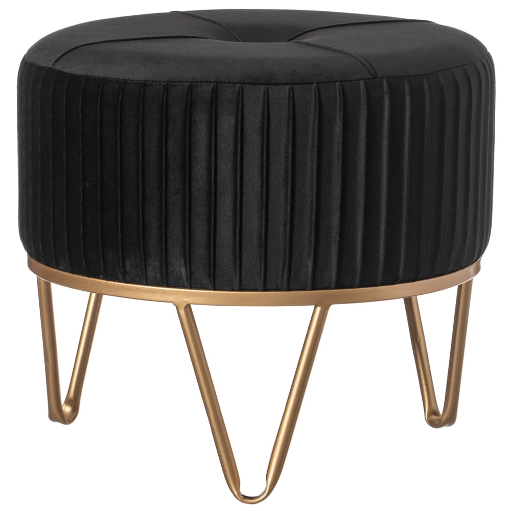 Black Velvet Round Ottoman with Gold Hairpin Base