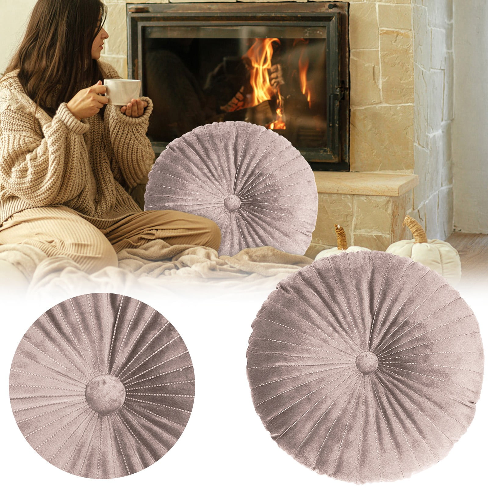 Round Velvet Pillow, Sofa Bed Bedroom Decorative Throw Pillow (35cm, Beige)