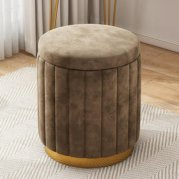 Round Velvet Storage Ottoman Entryway Upholstered Footrest, Modern Vanity Stool with Removable Lid, Gold Metal Base Foot Stools for Living Room Bedroom Coffee Table (Brown, 43x34cm(17x13.3in))