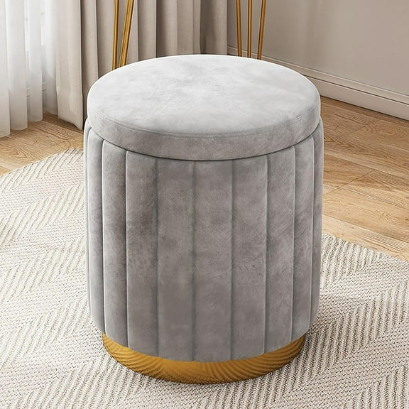 Round Velvet Storage Ottoman Entryway Upholstered Footrest, Modern Vanity Stool with Removable Lid, Gold Metal Base Foot Stools for Living Room Bedroom Coffee Table (Grey, 43x34cm(17x13.3in))