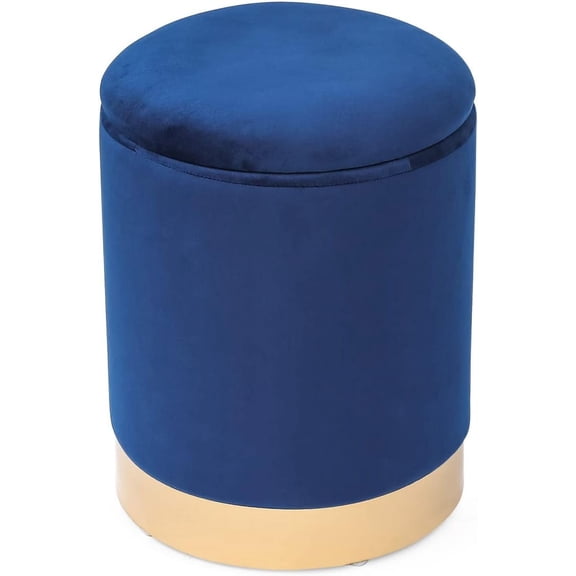 Round Velvet Storage Ottoman, Modern Upholstered Footrest Vanity Makeup Stool with Gold Plating Base for Bedroom Living Room, Blue