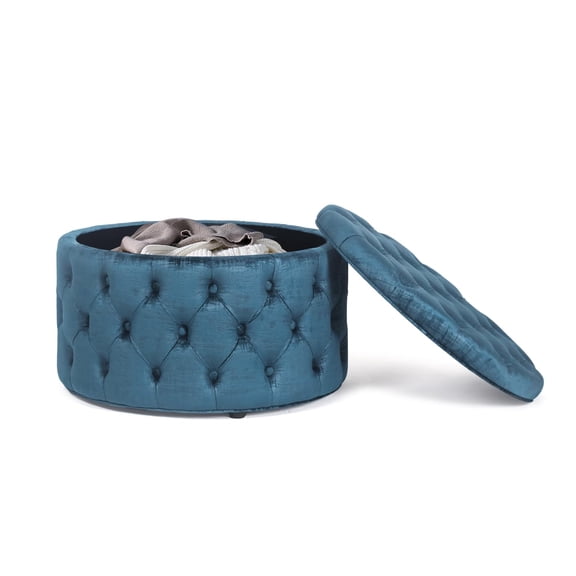Round Velvet Storage Ottoman With Button Tufting, Teal Blue, 28 Inch