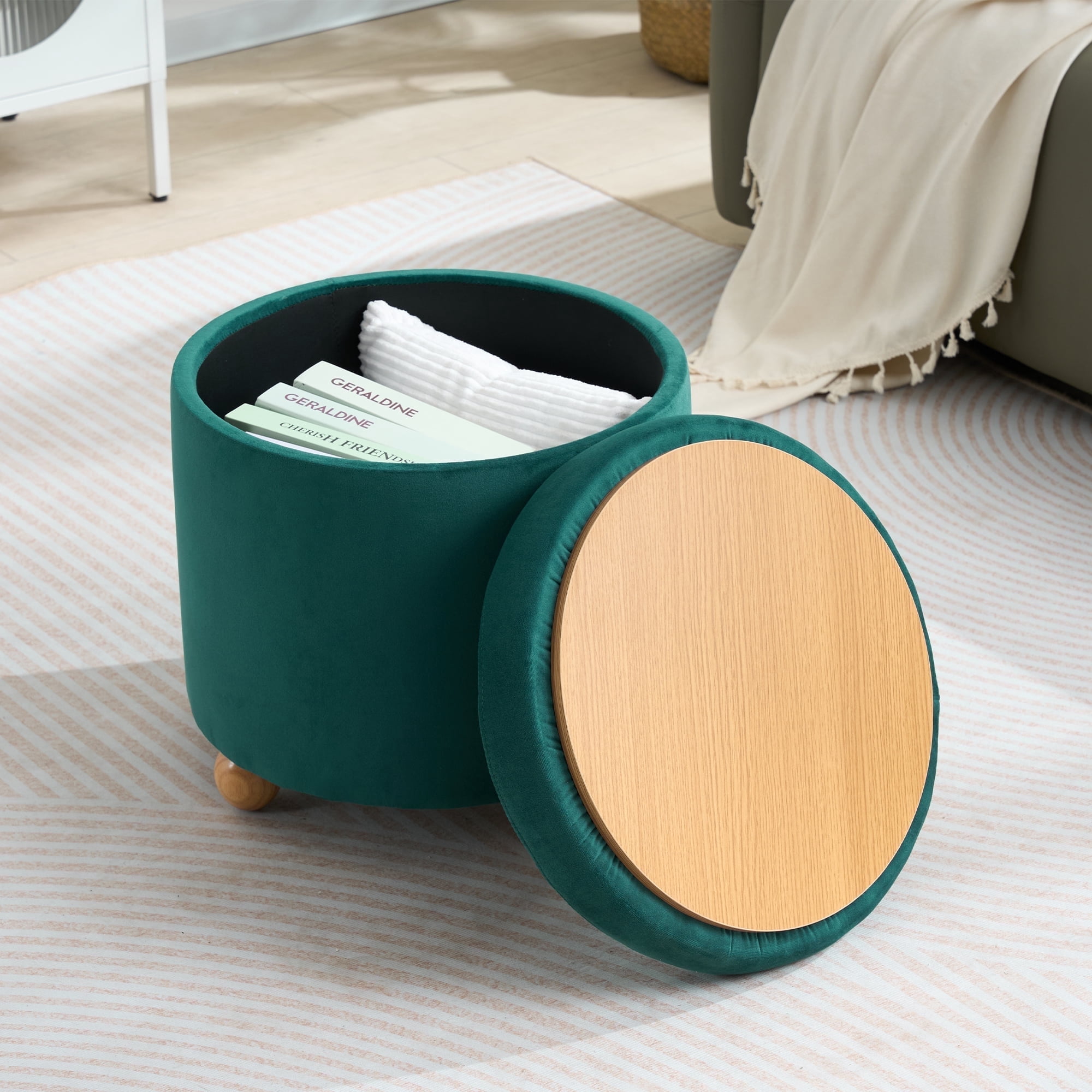 Round Velvet Storage Ottoman with Reversible Tray Lid, Tufted Upholstered Footrest Stool with Wooden Legs