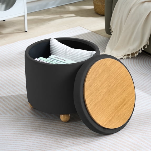 CoVibrant Modern Round Velvet Tufted Storage Ottoman with Reversible Tray Lid, Wooden Legs, Black, , 1-Pack, 17.52 in H x 17.72 in W