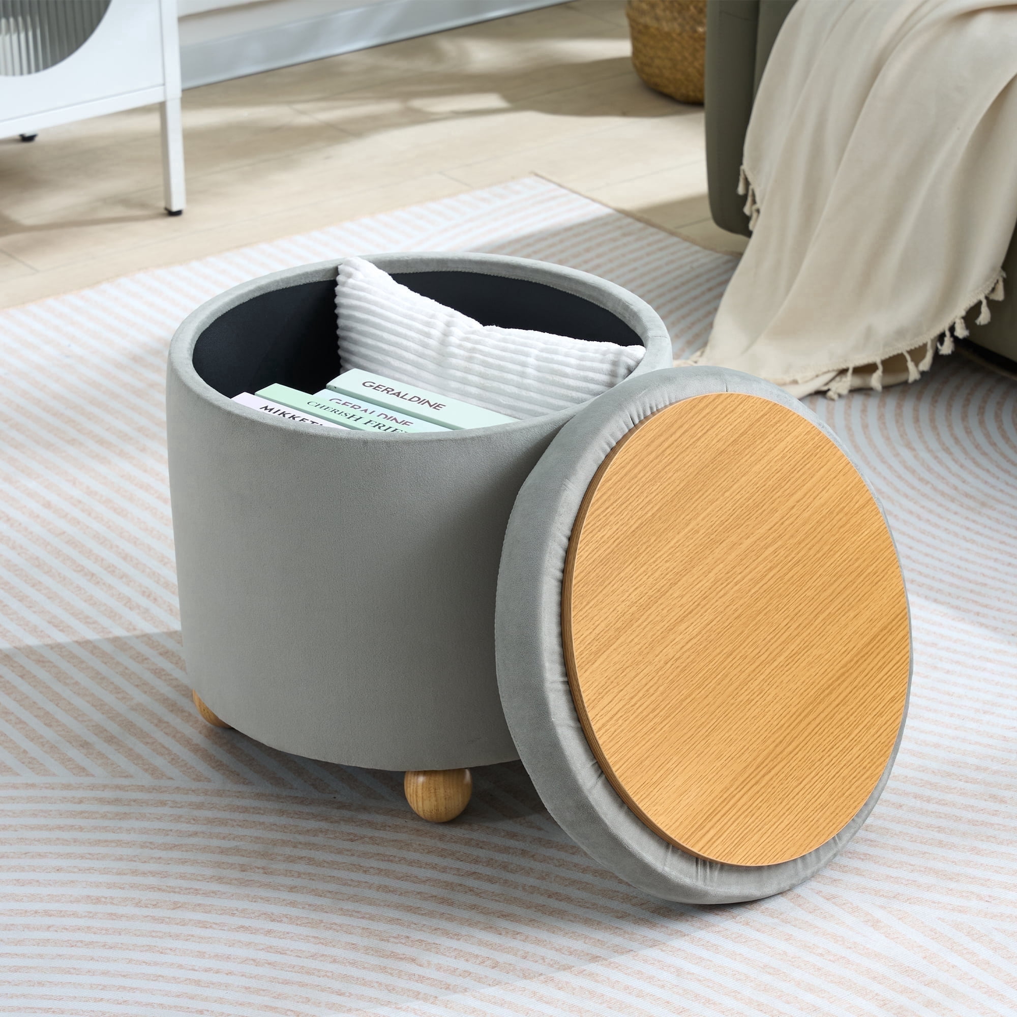 CoVibrant Modern Round Velvet Storage Ottoman with Reversible Tray Lid, Tufted Upholstered Footrest Stool with Wooden Legs
