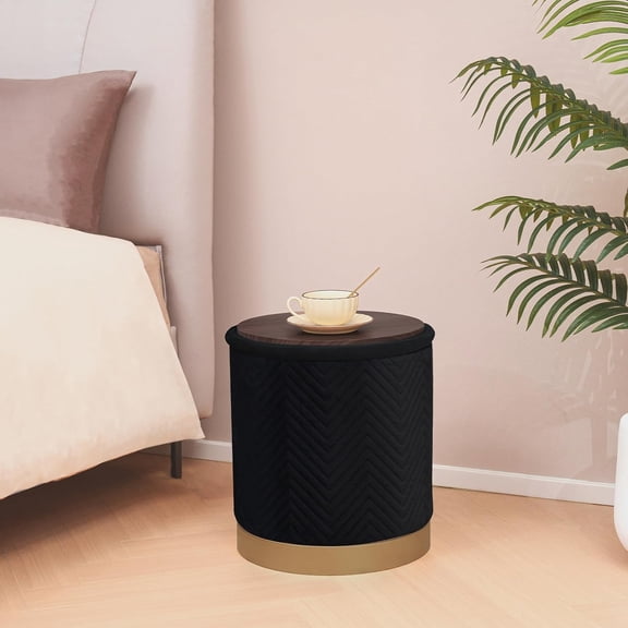 Round Velvet Storage Ottoman with Tray Lid, Foldable Footstool for Living Room Bedroom Dorm