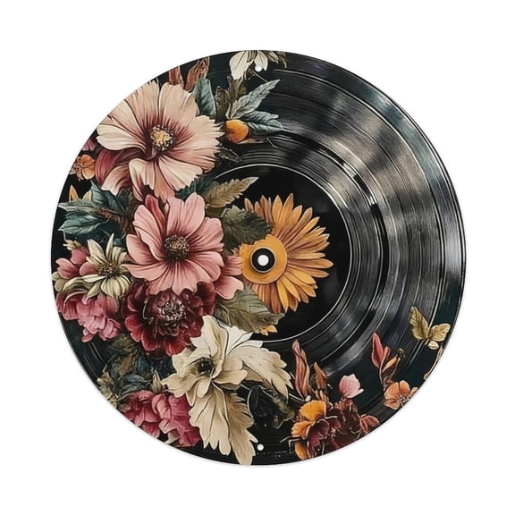Round Vintage Floral Vinyl Record Aluminum Metal Sign, 8 Inch Retro Flower and LP Wall Decor Plaque, Pre-Drilled for Easy Hanging