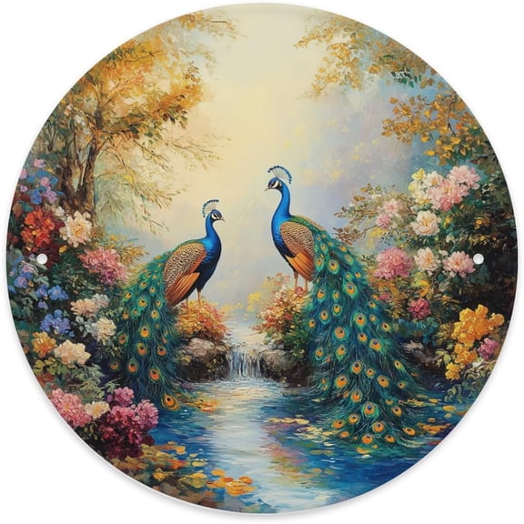 Round Vintage Metal Tin Sign With Peacock Design, Wall Art Home Decor Plaque, Easy to Hang, 8 x 8 Inch Circular Artwork for Bar, Living Room, Patio, Cafe