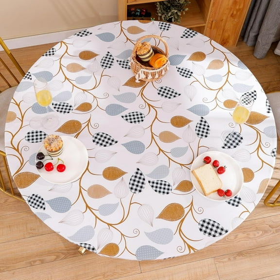 Round Vinyl Fitted Tablecloth with Flannel Backing Elastic Edge Design Table Cover Waterproof Oil-Proof Plastic Table Cloth Stain-Resistant Wipeable for 36"-44" Round