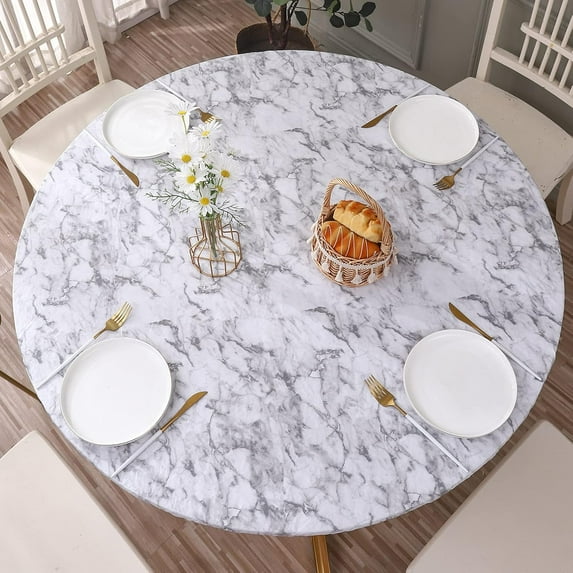 Round Vinyl Fitted Tablecloth with Flannel Backing Elastic Edge Design Table Cover Waterproof Oil-Proof Plastic Table Cloth Stain-Resistant Wipeable for 36"-44" Round