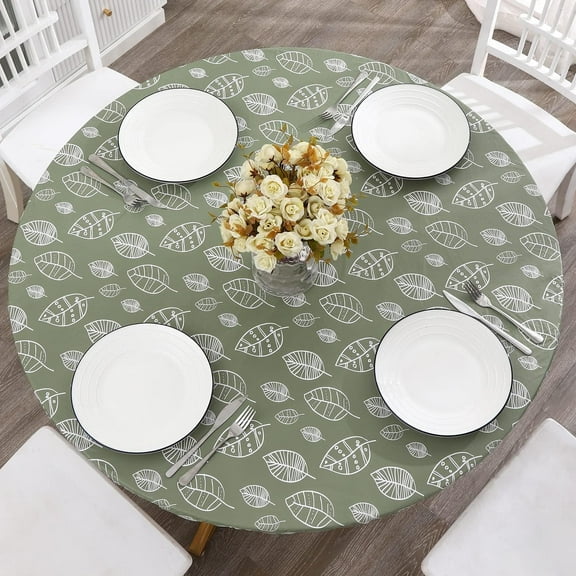 Round Vinyl Fitted Tablecloth with Flannel Backing Elastic Edge Design Table Cover Waterproof Oil-Proof Plastic Table Cloth Stain-Resistant Wipeable for 36"-44" Round