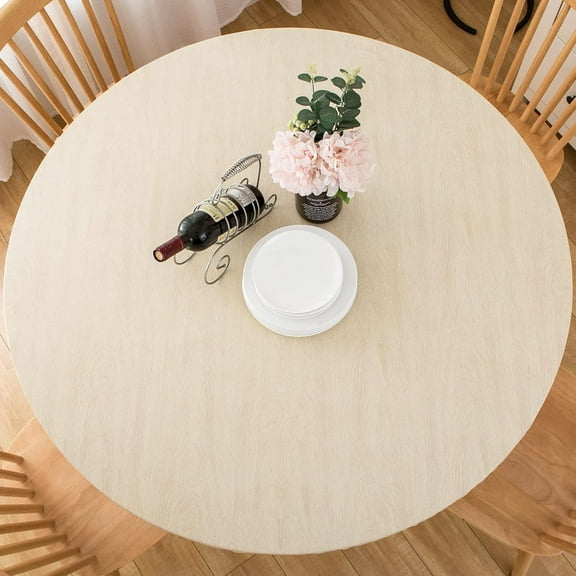 Round Vinyl Fitted Tablecloth with Flannel Backing Elastic Edge Plastic Table Cover - Cream Wood - Waterproof Table Cloth Stain-Resistant Wipeable for 45"-52" Round Table
