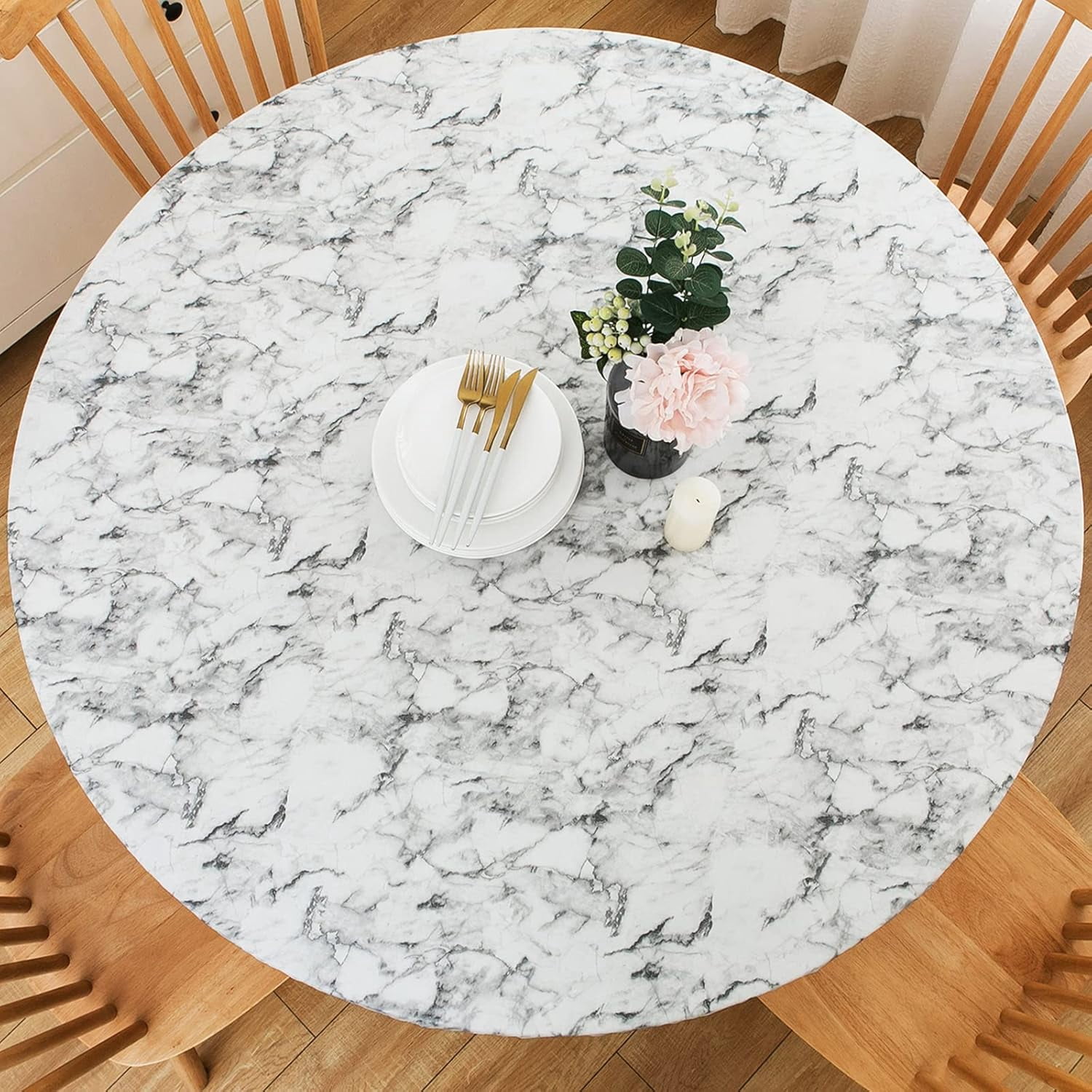 Pvc Table Topper Round Round Vinyl Fitted Tablecloth with Flannel Backing Elastic Edge Plastic ...