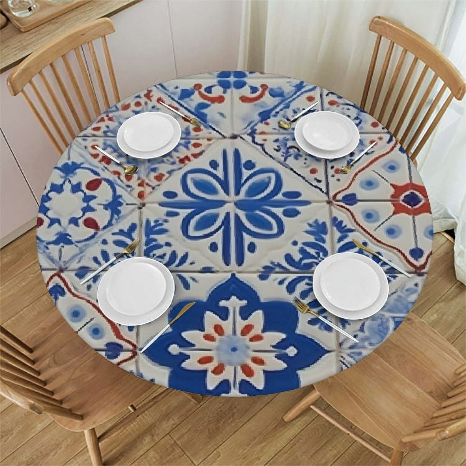 Round Vinyl Fitted Tablecloth with Flannel Backing Elastic Edge Plastic ...