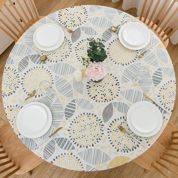 Round Vinyl Fitted Tablecloth with Flannel Backing Elastic Table Cloth Waterproof Oil-Proof Plastic Cover- Fits Tables up to 36" - 44" Diameter