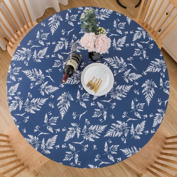 Round Vinyl Fitted Tablecloth with Flannel Backing Elastic Table Cloth Waterproof Oil-Proof Plastic Cover- Fits Tables up to 36" - 44" Diameter