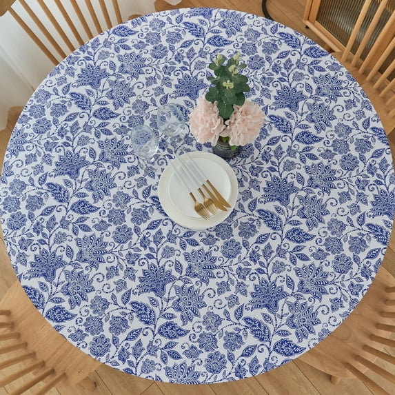 Round Vinyl Fitted Tablecloth with Flannel Backing Elastic Table Cloth Waterproof Oil-Proof Plastic Cover- Fits Tables up to 36" - 44" Diameter