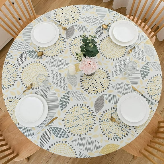 Round Vinyl Fitted Tablecloth with Flannel Backing Elastic Table Cloth Waterproof Oil-Proof Plastic Cover- Fits Tables up to 40" - 44" Diameter