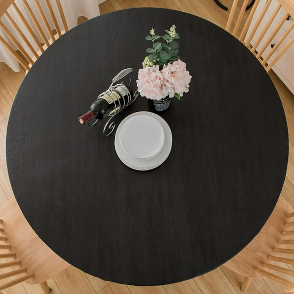 Round Vinyl Fitted Tablecloth with Flannel Backing Elastic Table Cloth Waterproof Oil-Proof Plastic Cover- Fits Tables up to 40" - 44" Diameter