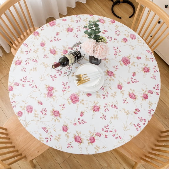 Round Vinyl Fitted Tablecloth with Flannel Backing Elastic Table Cloth Waterproof Oil-Proof Plastic Cover