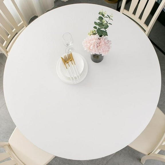 Round Vinyl Fitted Tablecloth with Flannel Backing Elastic Table Cloth Waterproof Oil-Proof Plastic Cover