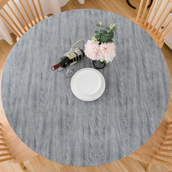 Round Vinyl Fitted Tablecloth with Flannel Backing Elastic Table Cloth Waterproof Oil-Proof Plastic Cover