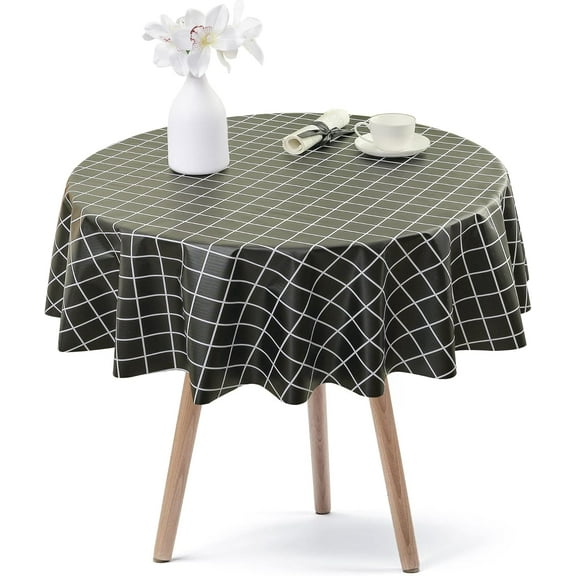 Round Vinyl Green Checkered Table Cloth Covers, Plastic Waterproof Wipeable PVC Oilcloth Tablecloth, Small Round Farmhouse Outdoor Camping Tablecloths for Card Table, Picnic Table