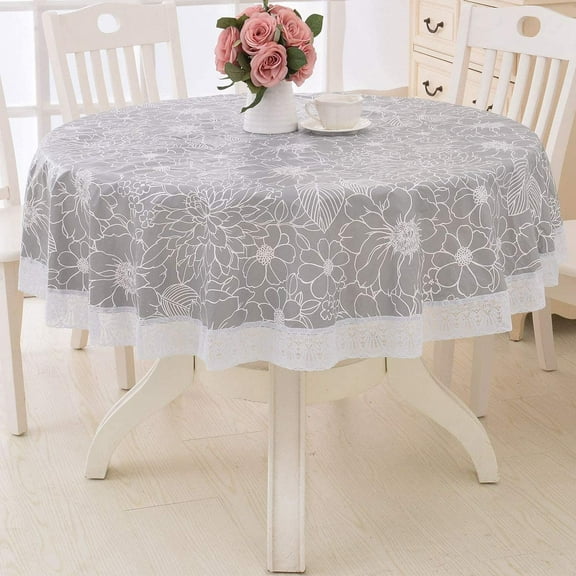 Round Vinyl Oilcloth Lace Tablecloth Waterproof PVC Plastic Wipeable Heavy Duty Oil Spillproof Circle Tablecloth