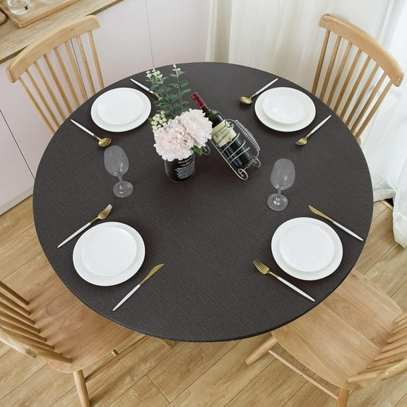 Round Vinyl Tablecloth with Elastic Edge, Black Fitted PVC Table Cover with Flannel Backing Waterproof Table Cloth Wipe Clean for Party Dining Outdoor, 45"- 52"