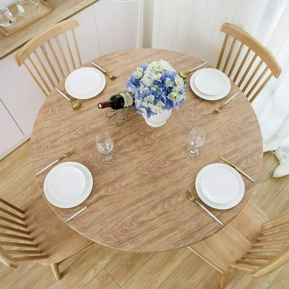 Round Vinyl Tablecloth with Flannel Backing, 100% Waterproof Oil Proof PVC Table Cloth Wipe Clean Table Cover for Kitchen Dining and Outdoor, Wood, 36"- 44"