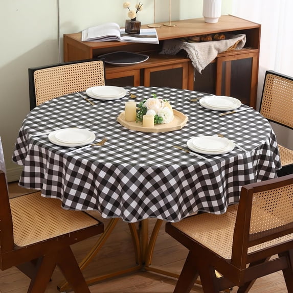 Round Vinyl Tablecloth with Flannel Backing Waterproof Oil-Proof PVC Table Cloth Stain-Resistant Wipeable Table Cover for Round Table (60" Round, Black and White)