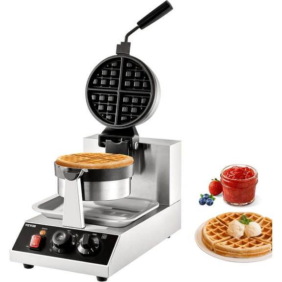 Round Waffle Maker 1300W Non-Stick Rotatable with 122-572 Temp Control and Time Setting Stainless Steel Body 110V 4Pcs Bestseling