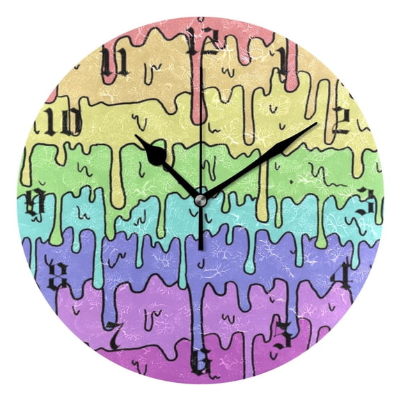 Round Wall Clock Battery Operated Silent Non-Ticking Decorative Creative Dual-Use Golden Pointer Clock Suit for Home Decor Living Room Kitchen Pastel Melting Rainbow