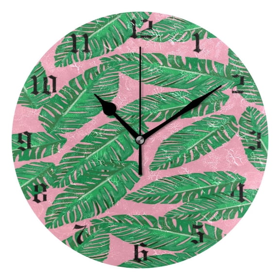 Round Wall Clock Battery Operated Silent Non-Ticking Decorative Creative Dual-Use Golden Pointer Clock Suit for Home Decor Living Room Kitchen Tropic Leaves Green