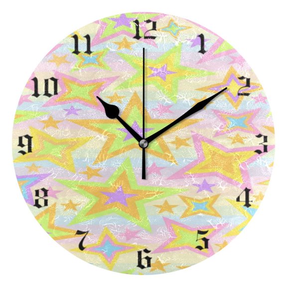 Round Wall Clock Battery Operated Silent Non-Ticking Decorative Creative Dual-Use Golden Pointer Clock Suit for Home Decor Living Room Kitchen Bright Pastel Star Prints