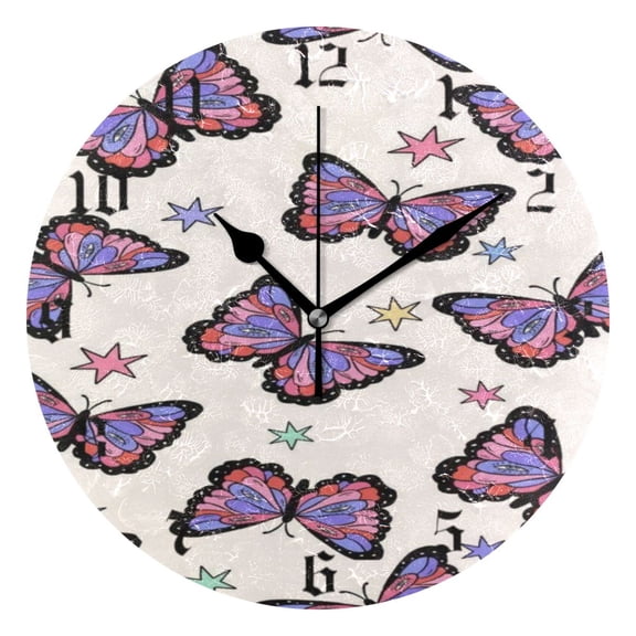Round Wall Clock Battery Operated Silent Non-Ticking Decorative Creative Dual-Use Golden Pointer Clock Suit for Home Decor Living Room Kitchen Butterfly Stars