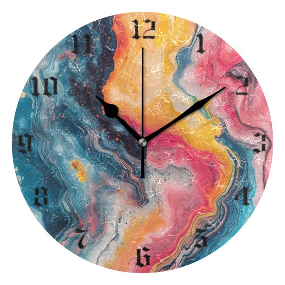 Round Wall Clock Battery Operated Silent Non-Ticking Decorative Creative Dual-Use Golden Pointer Clock Suit for Home Decor Living Room Kitchen Colorful Marbled