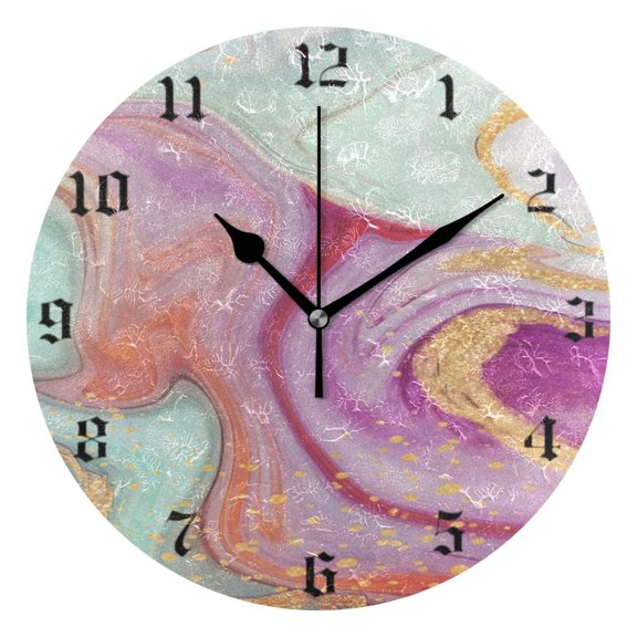 Round Wall Clock Battery Operated Silent Non-Ticking Decorative Creative Dual-Use Golden Pointer Clock Suit for Home Decor Living Room Kitchen Colorful Marbling