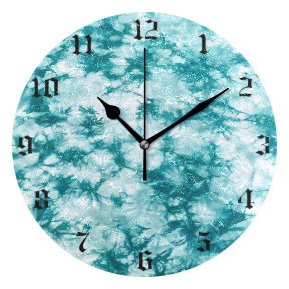Round Wall Clock Battery Operated Silent Non-Ticking Decorative Creative Dual-Use Golden Pointer Clock Suit for Home Decor Living Room Kitchen Cyan Tie-dye