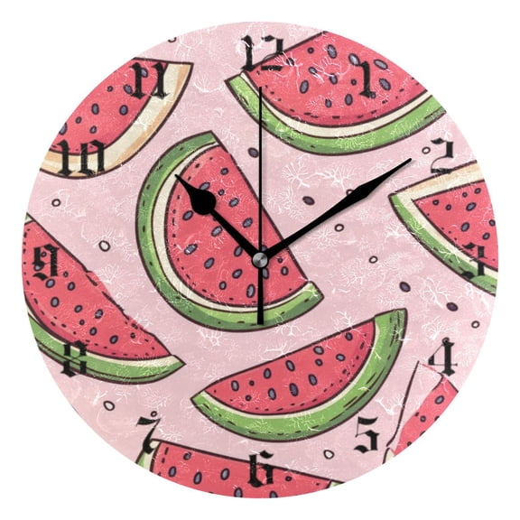 Round Wall Clock Battery Operated Silent Non-Ticking Decorative Creative Dual-Use Golden Pointer Clock Suit for Home Decor Living Room Kitchen Doodle Style Watermelon