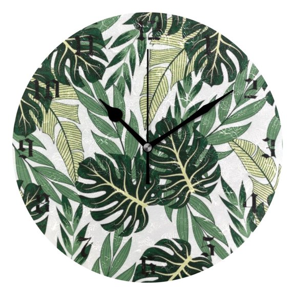 Round Wall Clock Battery Operated Silent Non-Ticking Decorative Creative Dual-Use Golden Pointer Clock Suit for Home Decor Living Room Kitchen Fashionable Tropical Leaves