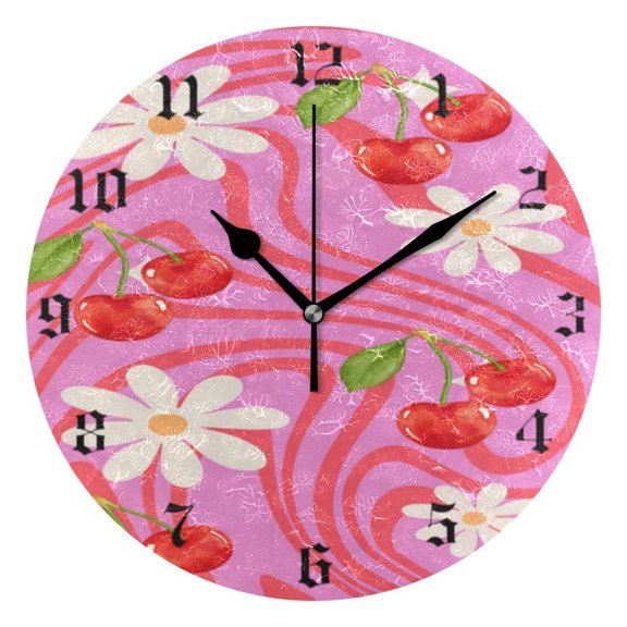 Round Wall Clock Battery Operated Silent Non-Ticking Decorative Creative Dual-Use Golden Pointer Clock Suit for Home Decor Living Room Kitchen Flower and Cherry