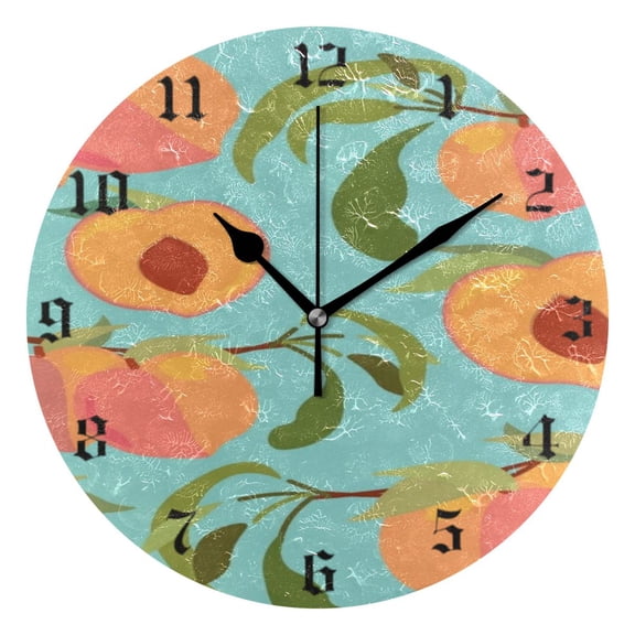 Round Wall Clock Battery Operated Silent Non-Ticking Decorative Creative Dual-Use Golden Pointer Clock Suit for Home Decor Living Room Kitchen Peaches with Leaves