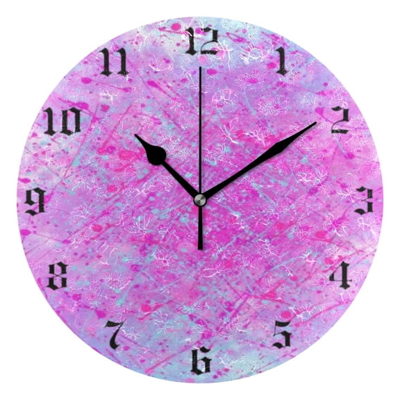 Round Wall Clock Battery Operated Silent Non-Ticking Decorative Creative Dual-Use Golden Pointer Clock Suit for Home Decor Living Room Kitchen Pink Splash-ink